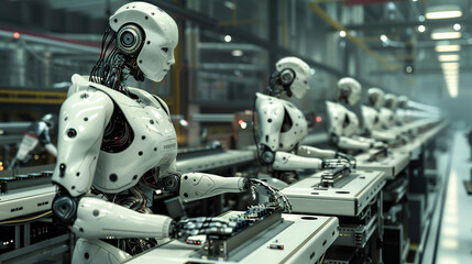 Industrial robots working on an assembly line in a factory. The scene depicts advanced manufacturing technology and automation in the industrial sector, showcasing efficiency and precision.

