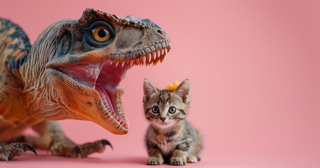 Dinosaur about to eat a cute kitten
