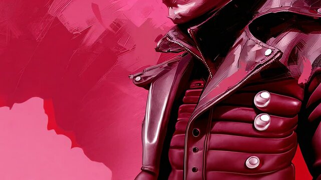 man in a leather jacket on a bright pink background, made in the style of digital art.