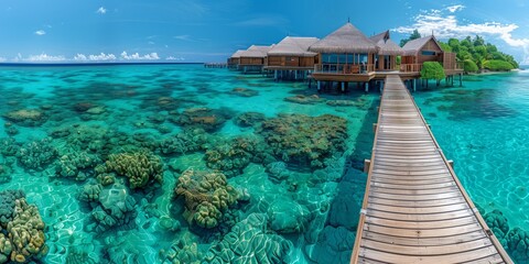Fototapeta premium Overwater bungalows with a wooden walkway over a coral reef