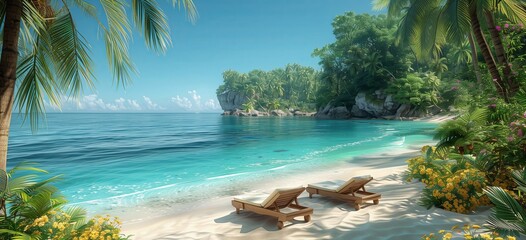 Tranquil beach with loungers and tropical foliage