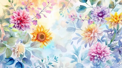 Fototapeta premium A watercolor painting depicting colorful flowers and leaves on a white background