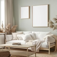 Mockup frame in home interior background, room in natural green pastel color.