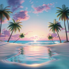A serene tropical beach at sunset, with palm trees swaying in the breeze. The sky is painted in soft pink and blue hues.