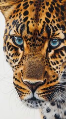 Obraz premium Close-up of a leopard's face with intense blue eyes, detailed fur, and whiskers on a white background. Wildlife and nature concept