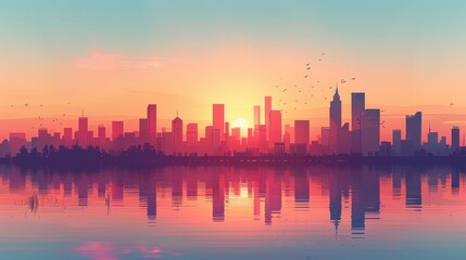 Obraz premium City skyline vector illustration at sunrise with modern architecture,