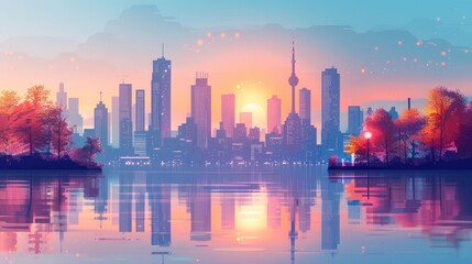Fototapeta premium City skyline vector illustration at sunrise with modern architecture,