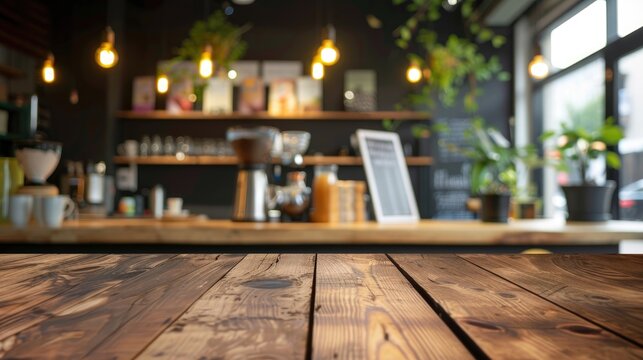 Blurry background of a coffee shop with an empty wooden table