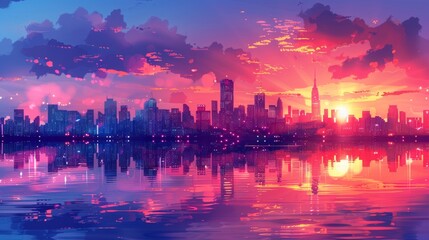 Obraz premium City skyline vector illustration at sunset with artistic details,