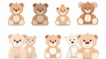 Fototapeta premium Cute cartoon bear doll set for babies and children. Fluffy soft stuffed toys. Little teddy bears vector illustrations in trendy style isolated on white background. Beige and brown colors.
