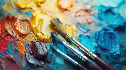 Fototapeta premium Vivid Paintbrushes on Colorful Palette: Abstract Art in Action