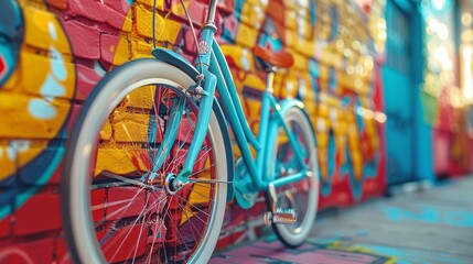 Retro Blue Bicycle Against a Colorful Graffiti Wall in an Urban Setting