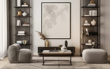 Mockup poster frame on the wall of living room. Luxurious apartment background.
