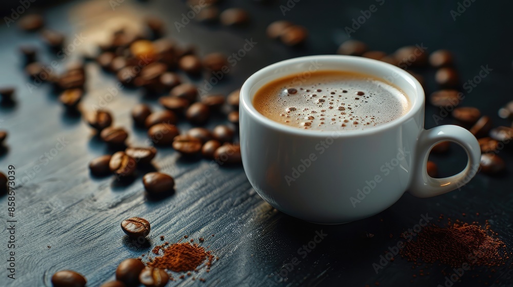 Canvas Prints Black coffee with milk foam in white cup on dark table with beans