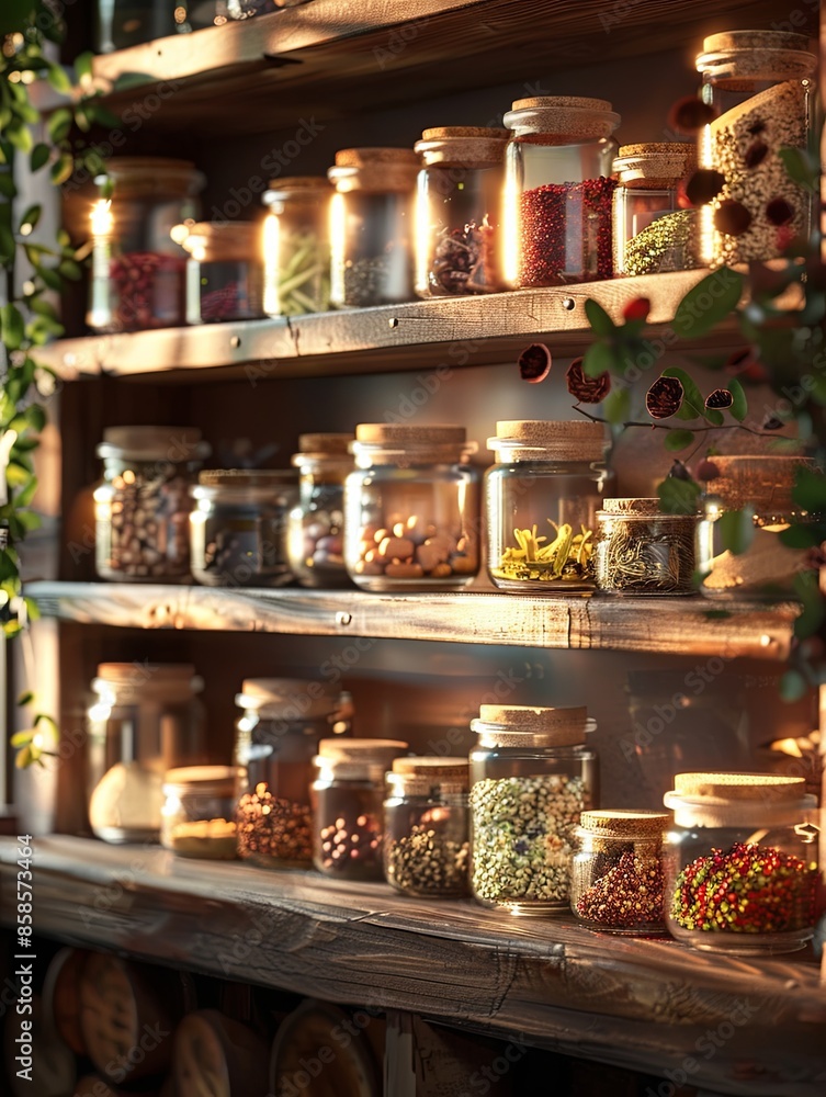 Aufkleber a close-up shot of a wooden shelf in a kitchen, filled with glass jars containing various spices. th