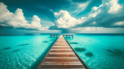 Obraz premium Peaceful tropical pier under blue sky