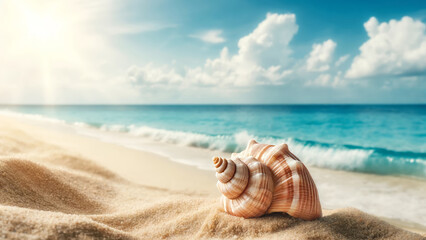 Tranquil beach day with seashell on shore