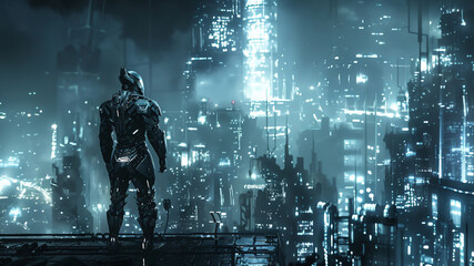 A solitary figure clad in armor stands on a rooftop overlooking a futuristic cityscape at night. The buildings are illuminated by bright lights, casting a glowing aura over the scene