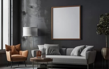 Poster frame mockup in modern dark home interior.