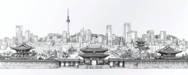 Fototapeta premium Line art vector of Seoul skyline showcasing traditional