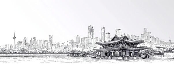 Fototapeta premium Line art vector of Seoul skyline showcasing traditional