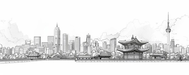 Fototapeta premium Line art vector of Seoul skyline showcasing traditional