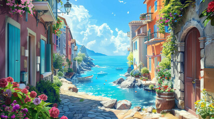 The blue water of the sea flows through an alley with houses and flowers, creating a beautiful scene