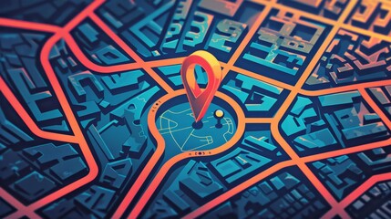 Destinations: An isometric GPS tracking map featuring a navigation pin on street maps. This digital art provides a way to track and locate positions with an isometric abstract map background