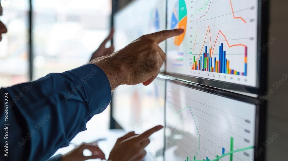 Poster advisor pointing at kpi metrics on a digital screen during a strategy meeting with executives