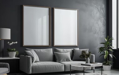 Poster frame mockup in modern dark home interior.
