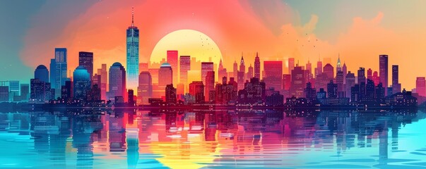 Fototapeta premium Retro pop art city skyline vector illustration showcasing unique designs