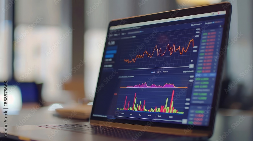 Poster close-up of a laptop screen showing financial data analytics graphs and charts in a modern office se