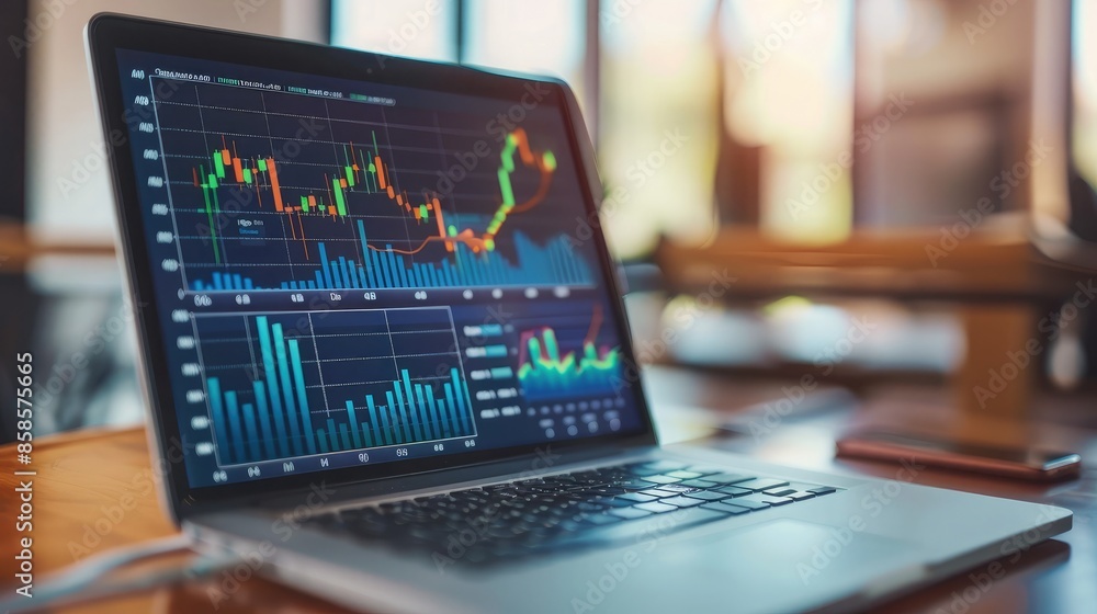 Poster close-up of a laptop screen showing financial data analytics graphs and charts in a modern office se