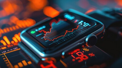 Close-up of a digital smartwatch displaying real-time financial analytics graphs and performance indicators