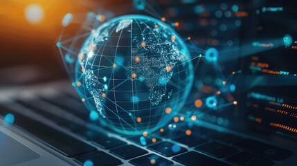 Close-up of a laptop with a holographic globe and network connections, depicting global internet technology