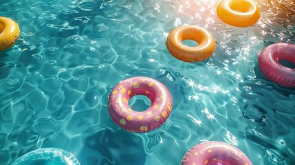 Cheerful Pool Floats Adorning Summer Swimming Pool. Overhead 3D View.
