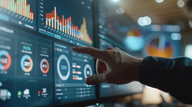 Close-up of a KPI dashboard displaying performance metrics, being reviewed by a business advisor