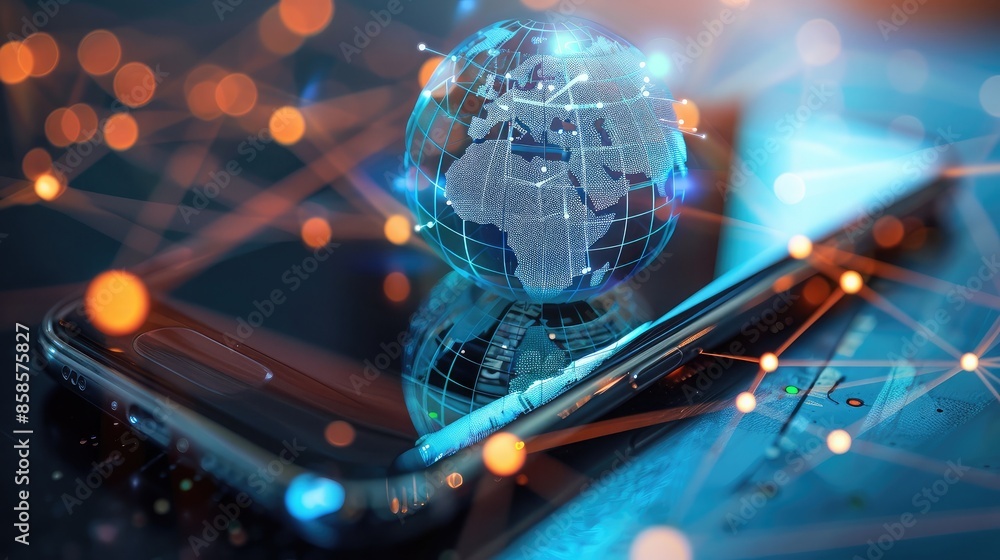 Poster close-up of a smartphone displaying global communication network, highlighting internet business tec