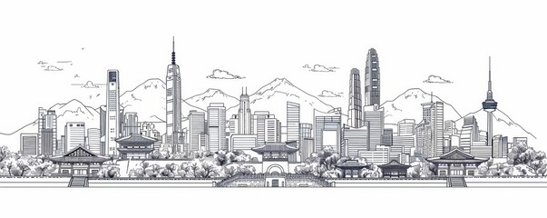Fototapeta premium Seoul skyline line art vector illustration featuring famous buildings