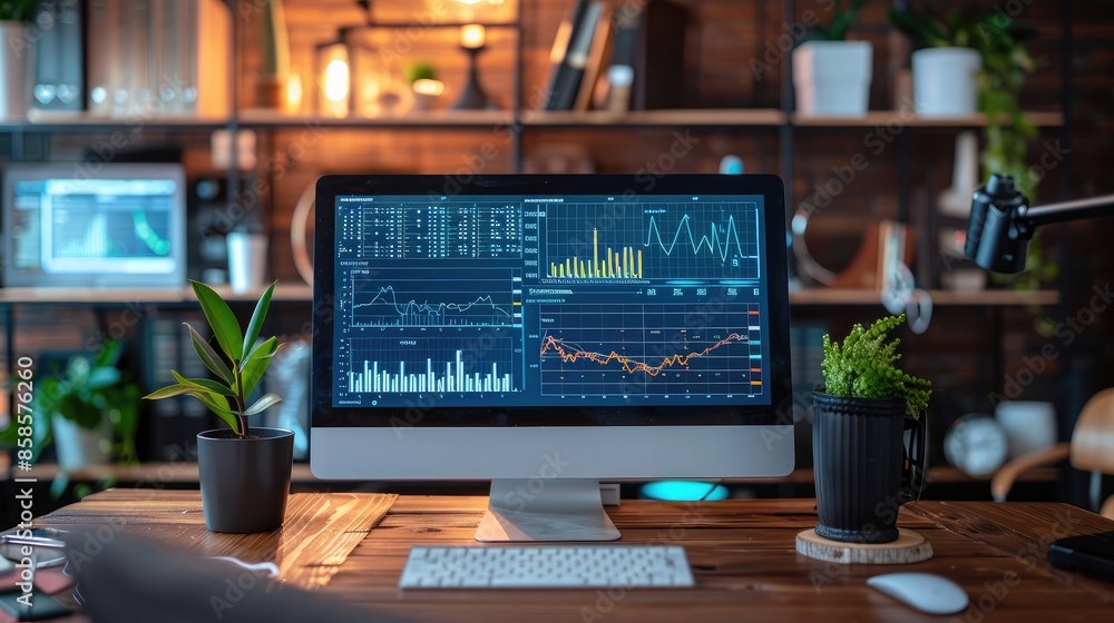 Poster desktop computer displaying a comprehensive financial dashboard with real-time analytics graphs and 