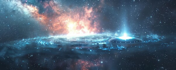 Fototapeta premium UFO emerging from a radiant galaxy, surrounded by a cascade of sparkling stars,