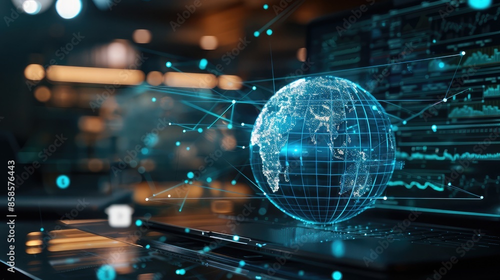 Poster futuristic interface with a globe and network lines on a laptop screen, highlighting the concept of 