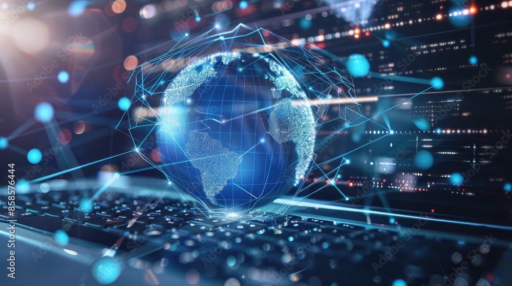 Poster futuristic interface with a globe and network lines on a laptop screen, highlighting the concept of 