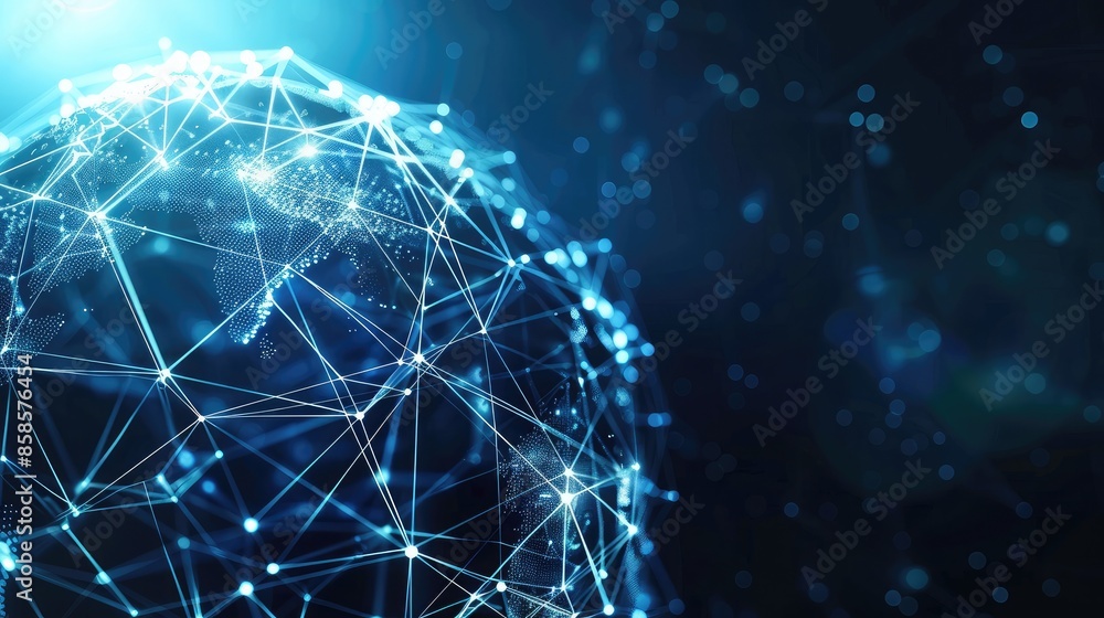 Poster globe with digital network lines connecting to various devices, symbolizing the concept of global in