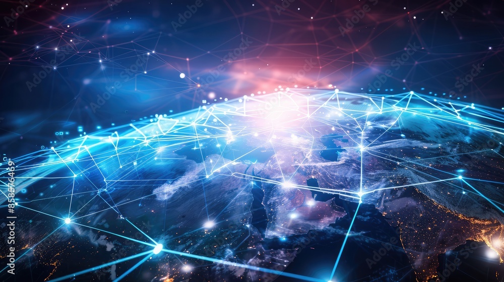 Poster globe with digital network lines connecting to various devices, symbolizing the concept of global in