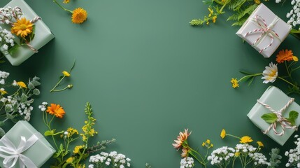 Floral themed gift boxes on green background flat lay with copy space