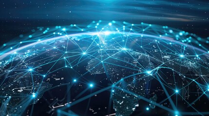 Globe with digital network lines connecting to various devices, symbolizing the concept of global internet technology