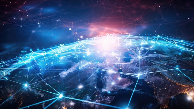 Globe with digital network lines connecting to various devices, symbolizing the concept of global internet technology