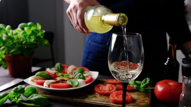Girl Filling A Wine Glass While Making A Caprese Salad For Dinner