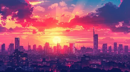 Fototapeta premium Vector art of a city skyline at sunset with skyscrapers,